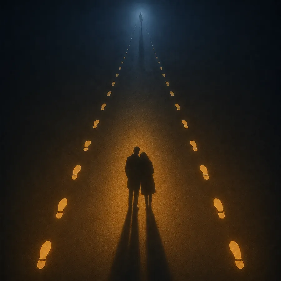 《散散步》封面 — 一對人企喺一條黑漆漆嘅路中間，兩行發光腳印由畫面前面一路行去遠處嘅一點光